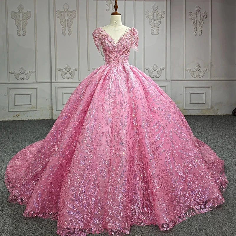 6 / 1 Pink Floral Appliques Lace Quinceanera Dresses Ball Gown Beading Sweet 15 Party 6612