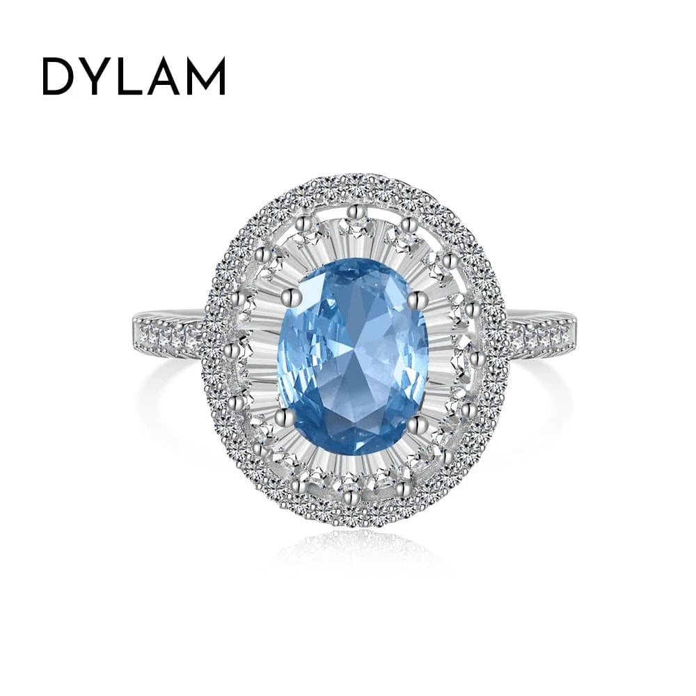 6 / DY120817-S-W-BA Dylam New Designer S925 Silver Rhodium Plated Diamond Sapphire Gemstone Baguette Cut Blue 5A Zirconia Eternity Band Promise Ring