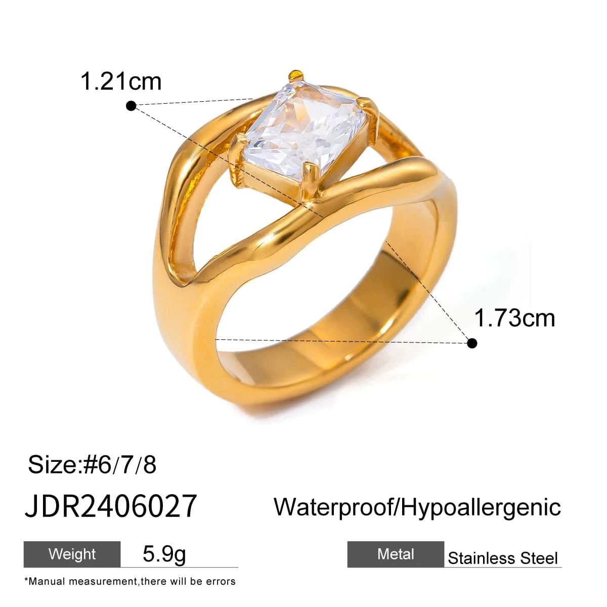 6 / minimalist / R2420 R2420 Double-Layer Hollow Ring 18k Stainless Steel White Rectangular Zircon Stone Rings