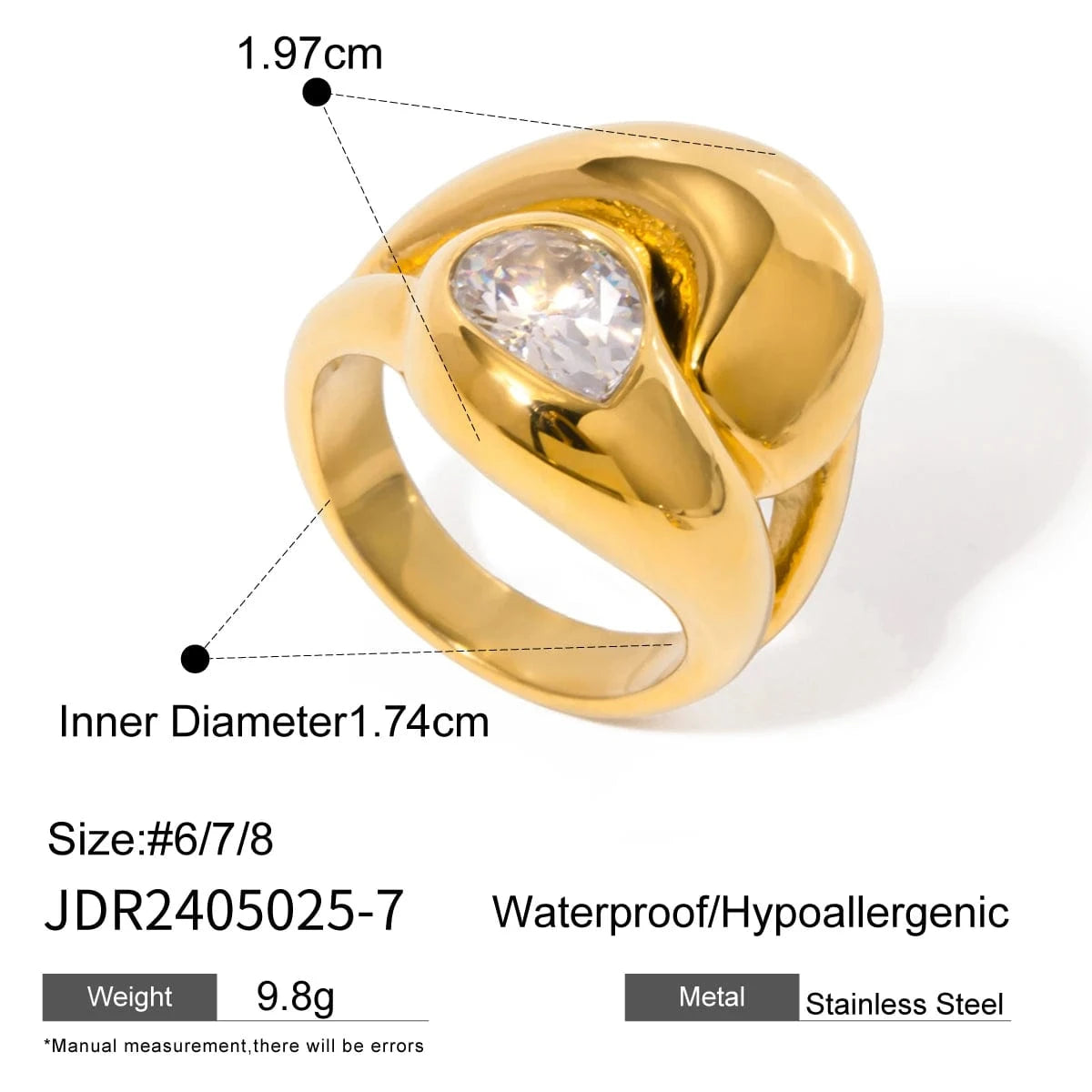 6 / minimalist / R2557 R2557 Luxury Dainty Stainless Steel 18K Gold Rings Chunky Polished Interlaced Water Drop Zirconia Rings