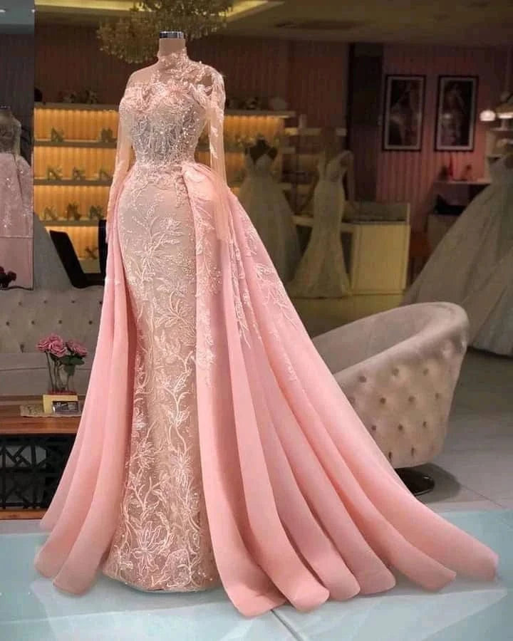 6 / Pink / 50cm S520A 2024 High quality wholesale bride lace long sleeve custom ball gown luxury wedding dress bridal gown