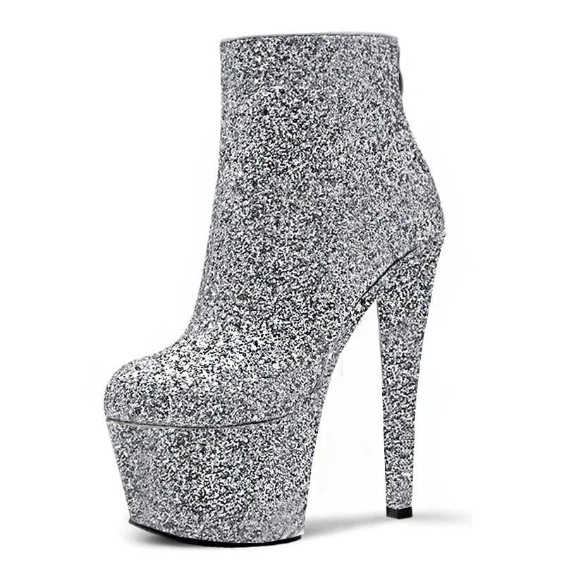 6 / silver Silver glitter powder sequined high heels thin heels 17 cm bare boots banquet women's large high heels fashion boots