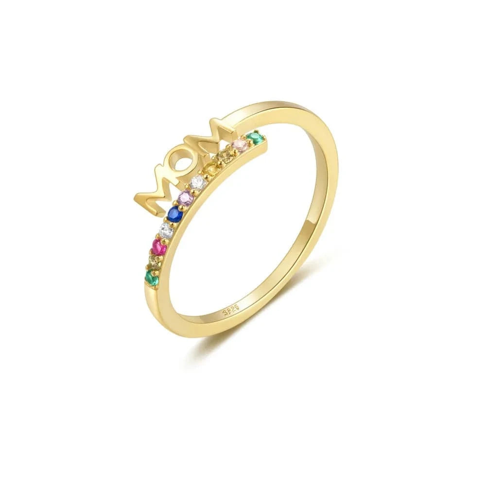 60106721300C gold Fashion Jewelry 925 Sterling Silver Rings Letter MOM Diamond Colorful Zircon Gold Plated Open Rings for Women Mother's Day Gift