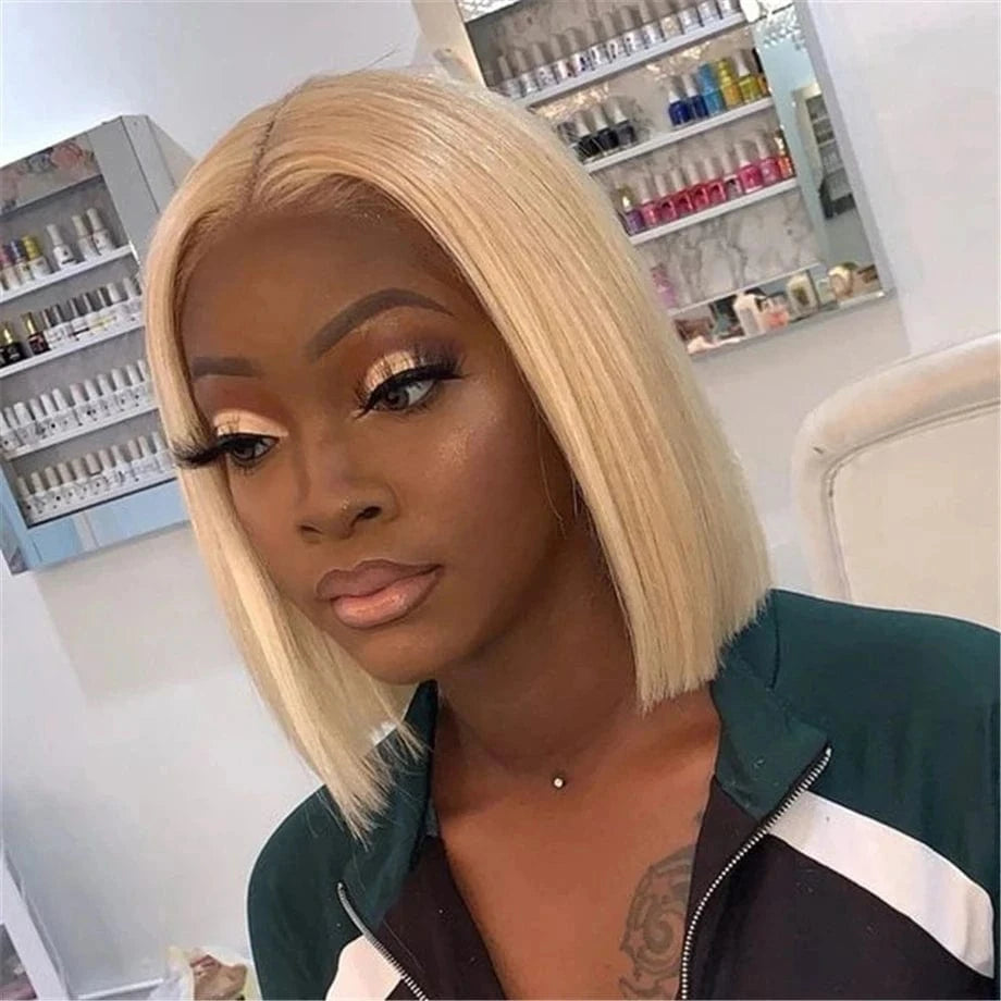 613 Blonde Bob Wigs Human Hair 180% Density Brazilian Virgin Hair Glueless Short Lace Front Wigs Pre Plucked for Woman