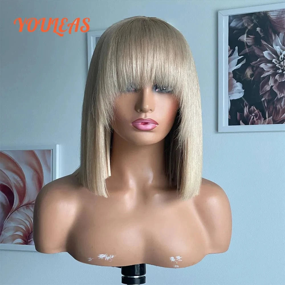 613 Blonde Short Bob Straight Transparent Lace Closure Glueless Wig Human Hair Ready To Wear With Bangs Pixie Cut Bob Wigs