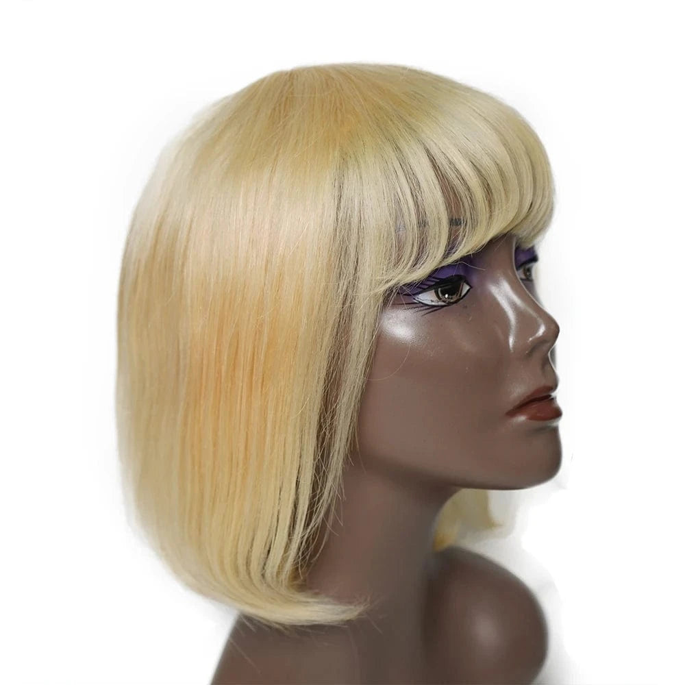 613# Bob Wig with Fringe 150% / 14 Inches Vigin Full Machine No Lace Peruvian Bob Wig With Bang,Colored Human Hair Short Bob Wigs,12 Inch 613 Blonde Bob Wigs