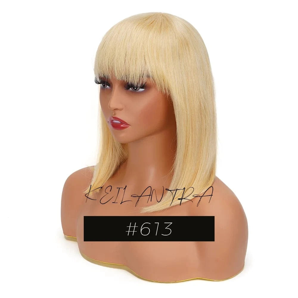 613 / CHINA / 12inches|180% Straight Human Hair Bob Wigs with Bangs Remy Full Machine Made for Women Hightlight Burgundy Brown Colored BOB Wig