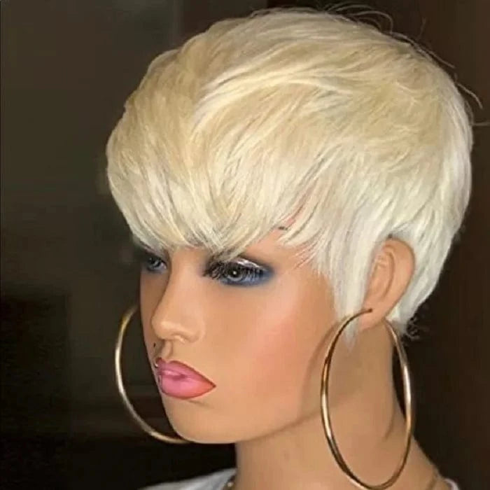 613 Honey Blonde Straight Short Pixie Bob Cut Wig With Bangs Indian Human Hair Full Machine Wig For Black Women
