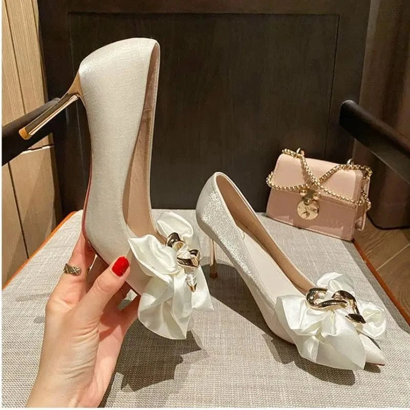 6CM/8CM Officer Wear Zapatos Para Mujer Large Bow Pointed Toe Fashion Pencil 2022 Women Pumps Small Size Heels