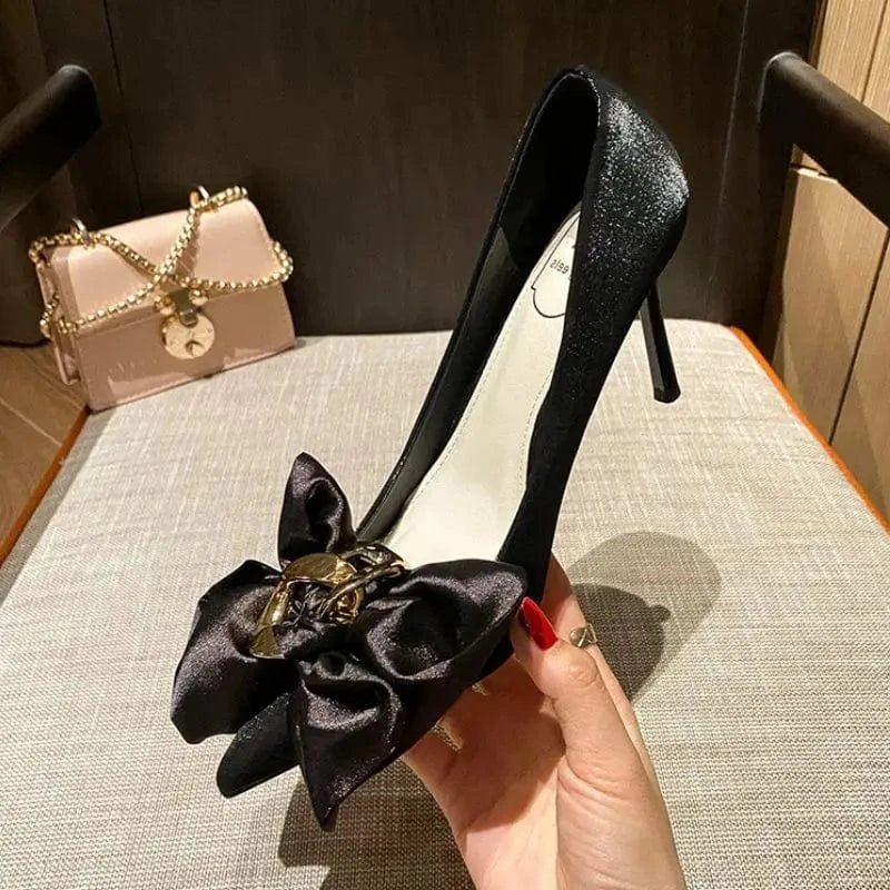 6CM/8CM Officer Wear Zapatos Para Mujer Large Bow Pointed Toe Fashion Pencil 2022 Women Pumps Small Size Heels