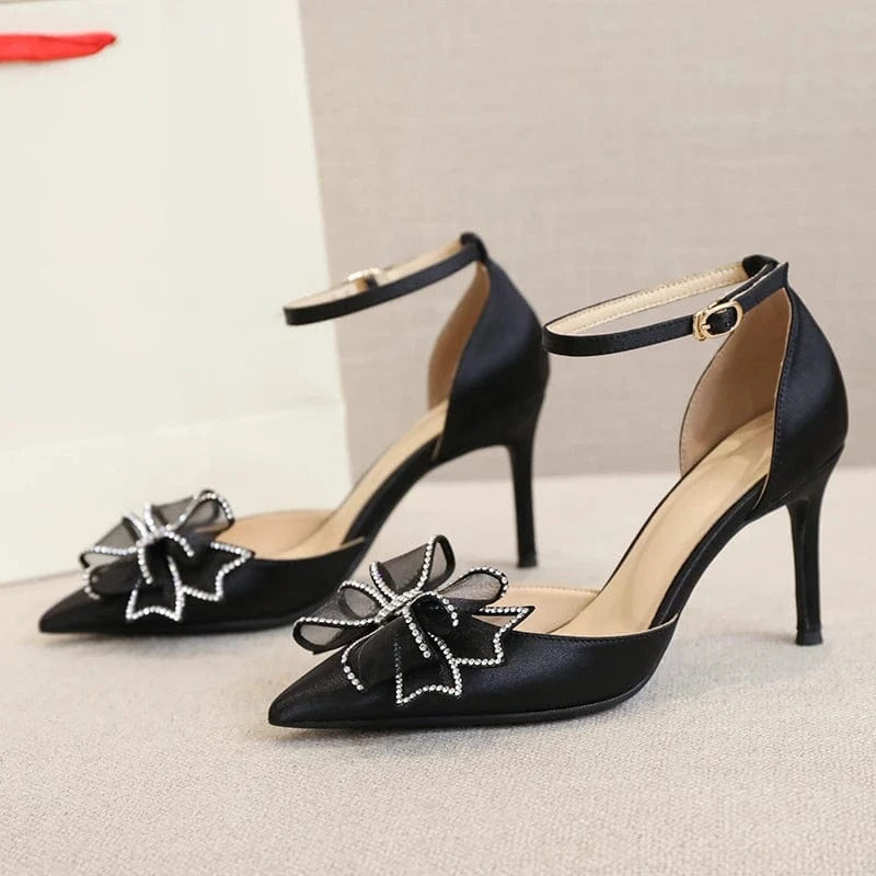 6CM/8CM Size 31-43 New Arrival Fancy Bow Rhinestone Buckle Strap Pointed Toe Heels for Ladies