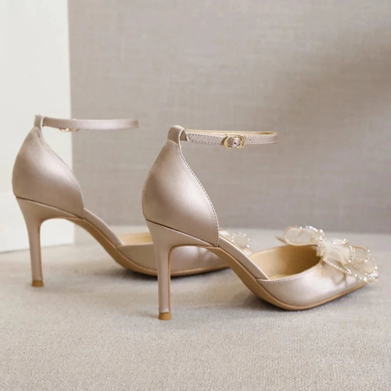 6CM/8CM Size 31-43 New Arrival Fancy Bow Rhinestone Buckle Strap Pointed Toe Heels for Ladies