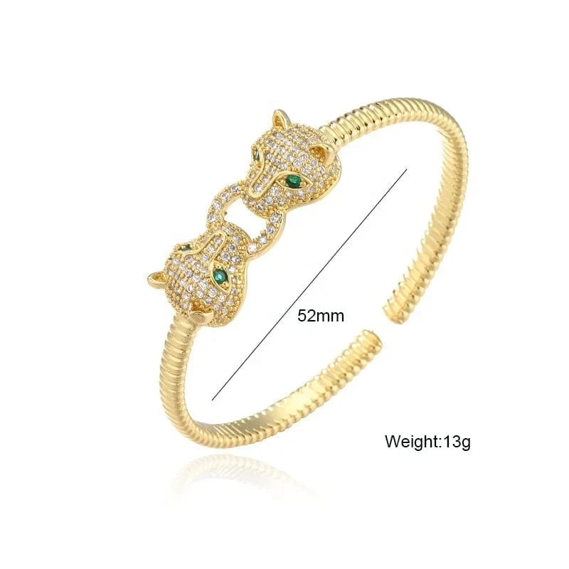 6cm / Gold 2024 shanghai Hot sell Women's Fashion Leopard Head 18K Real Gold Plated Micro Paved Zircon Bracelet Opening Adjustable Cuff Bangle
