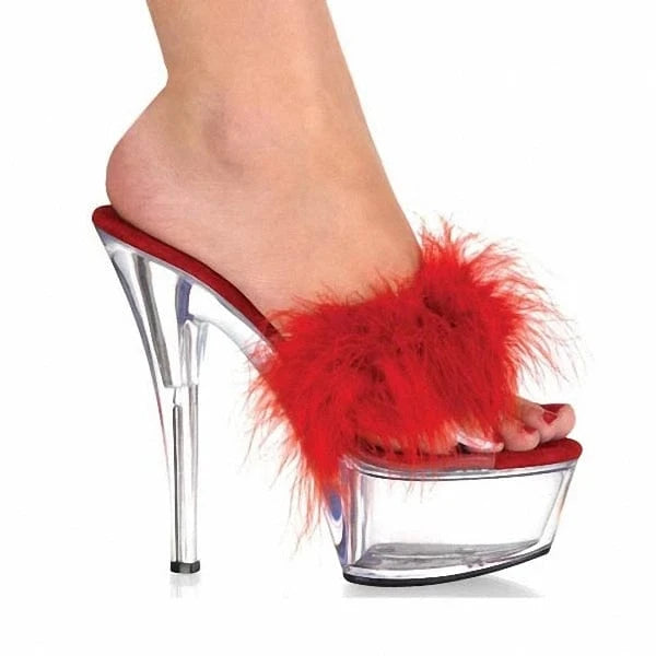 6inch-15cm Sexy pink maomao drag pink rabbit hair slippers with black shoes model contest shoes  special shoes Heeled Sandals