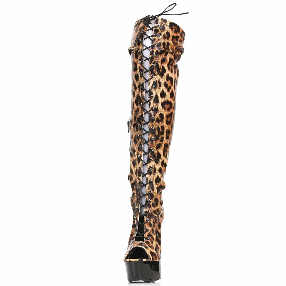 6Inch Exotic Dancer Leopard Print Thin Heels Gothic Lace Up Over The Knee Boots 15cm Open Toe Women's Strip Pole Dance Gladiator