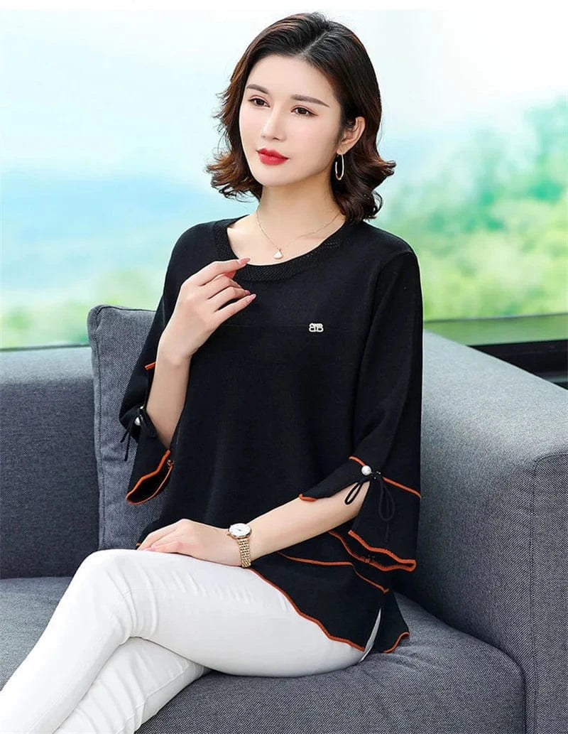 6XL Mom Large Summer New Ice Silk Shirt 3/4 Sleeves Round necked T-shirt Knit Sweater Loose Top For Wearing Outwear Top Black