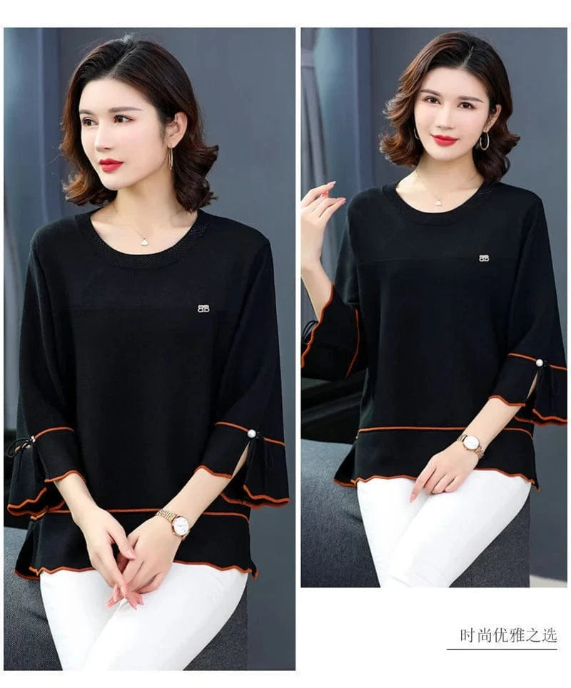 6XL Mom Large Summer New Ice Silk Shirt 3/4 Sleeves Round necked T-shirt Knit Sweater Loose Top For Wearing Outwear Top Black