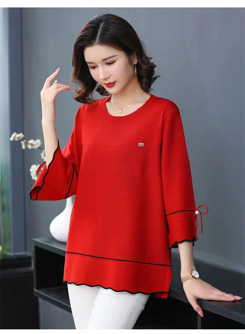 6XL Mom Large Summer New Ice Silk Shirt 3/4 Sleeves Round necked T-shirt Knit Sweater Loose Top For Wearing Outwear Top Black