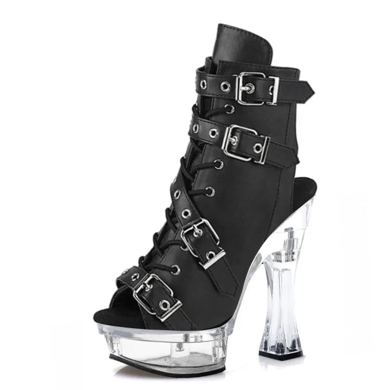 7 / Black 14cm transparent thick heel platform high heel short boots steel pipe dance shoes Club fashion leaky toe large women's Boots