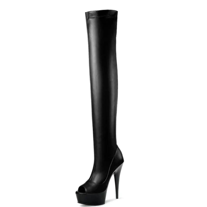 7 / Black matte women Pole Dance thigh high boots Sexy Model Shoes Ultra 15cm Platforms buckle strap High Heel Dance Shoes