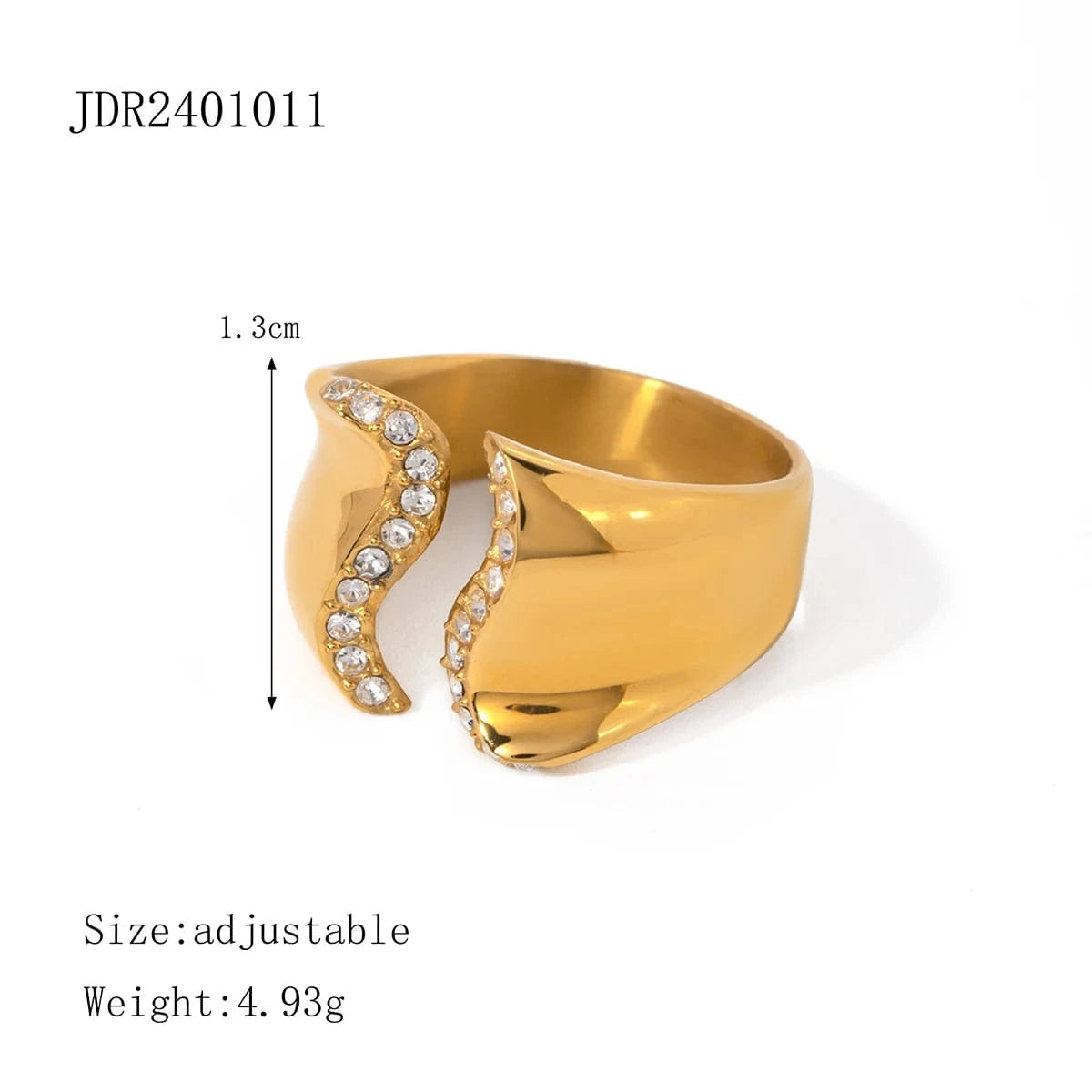 7 / Chunky / R2667 R2667 Fashion 18K PVD Gold Stainless Steel Chunky Waterproof Wave Shape Smooth Cubic Zircon Stone Ring