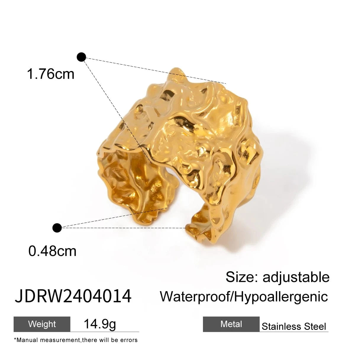 7 / Dainty / R2627 R2627 18K Gold Plated Stainless Steel Hammered Wide Band Open Ring