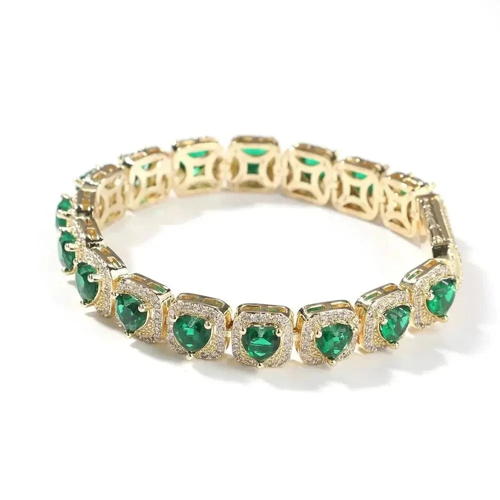 7 inch inner 58 / Gold green 2024 Valentine's Day Jewelry Love Theme Gift Iced Out Shiny 5A CZ Heart Shape Bracelet Bangle for Women Girl