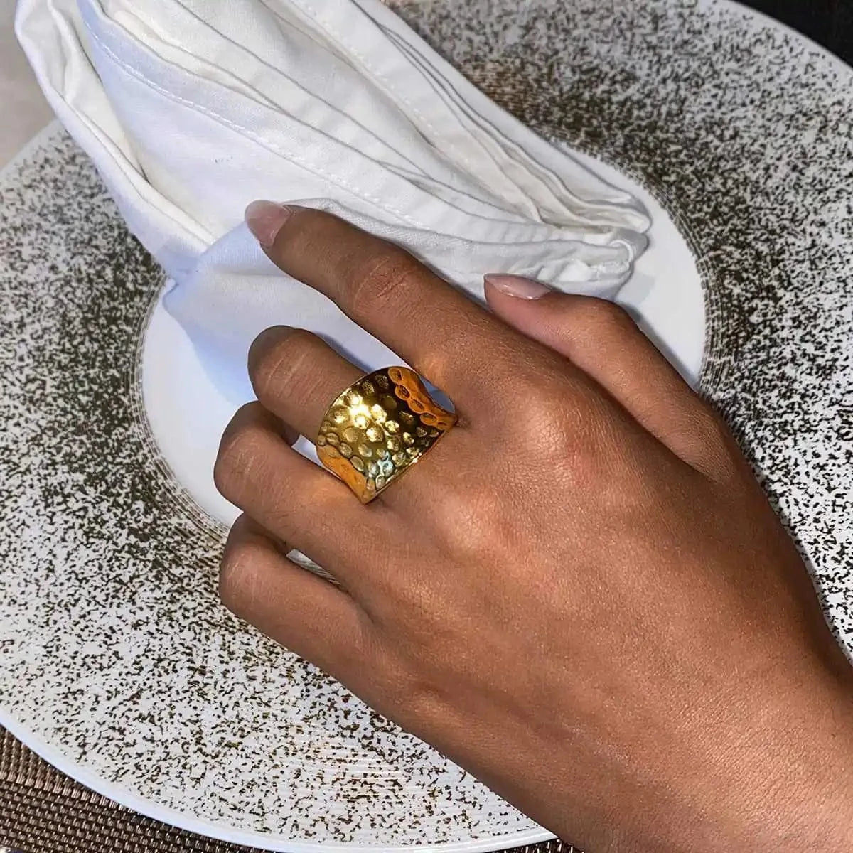 7 / minimalist / R2441 R2441 Designer 18K Gold Plated Stainless Steel Exaggerated Concave Design Bold Wide Hammered Rings