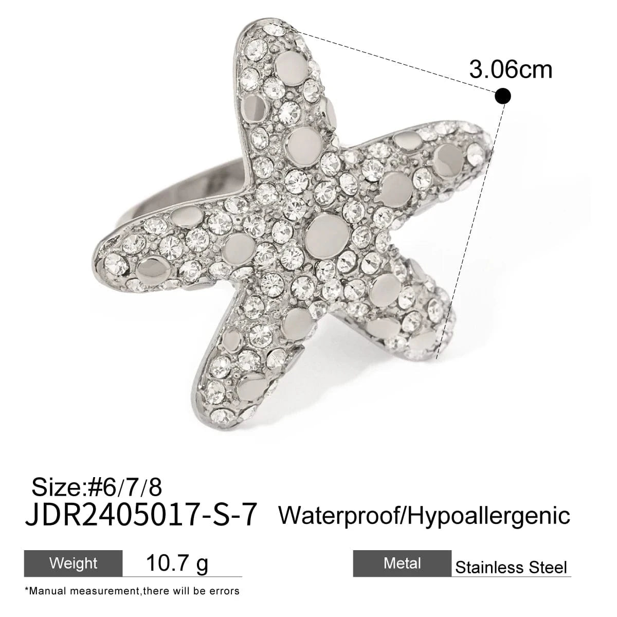 7 / minimalist / R2527S R2527 Luxury Summer Design Waterproof Stainless Steel Rings 18K Gold Starfish Rings With Rhinestones
