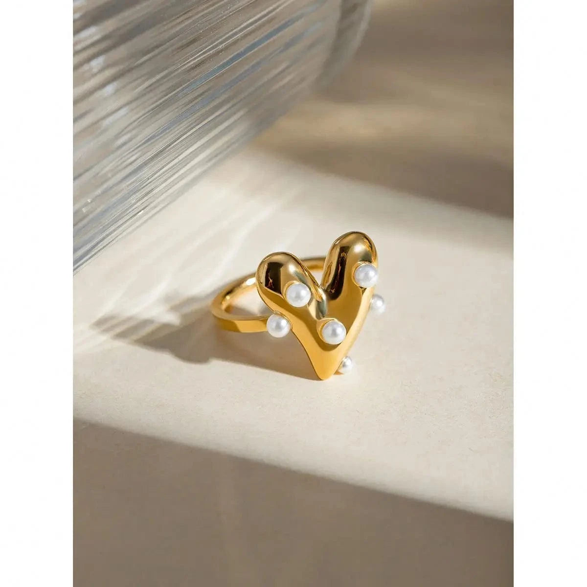 7 / minimalist / R2629 R2629 Dainty 18K Gold Pearl Rings Waterproof Stainless Steel Women Jewelry Heart Pearl Open Rings