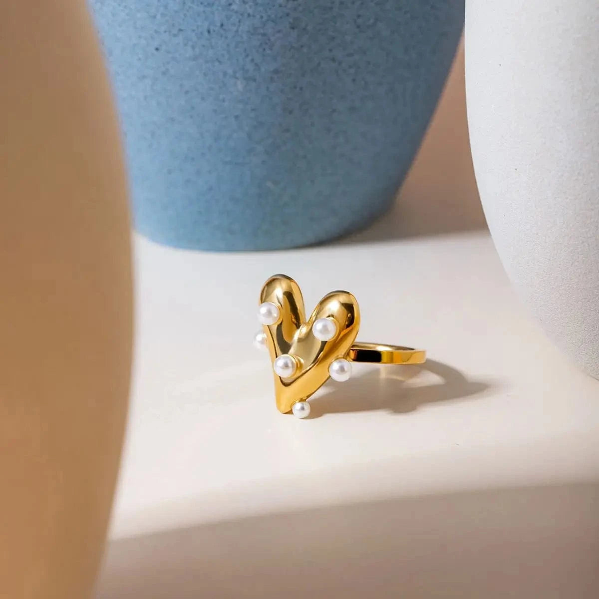7 / minimalist / R2629 R2629 Dainty 18K Gold Pearl Rings Waterproof Stainless Steel Women Jewelry Heart Pearl Open Rings