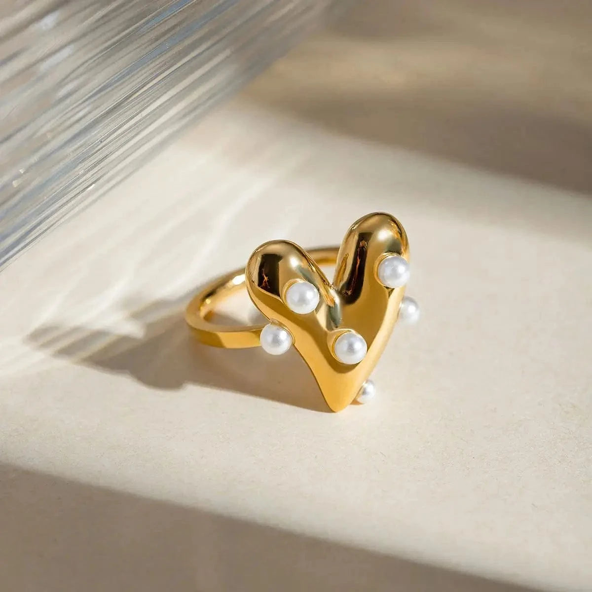 7 / minimalist / R2629 R2629 Dainty 18K Gold Pearl Rings Waterproof Stainless Steel Women Jewelry Heart Pearl Open Rings