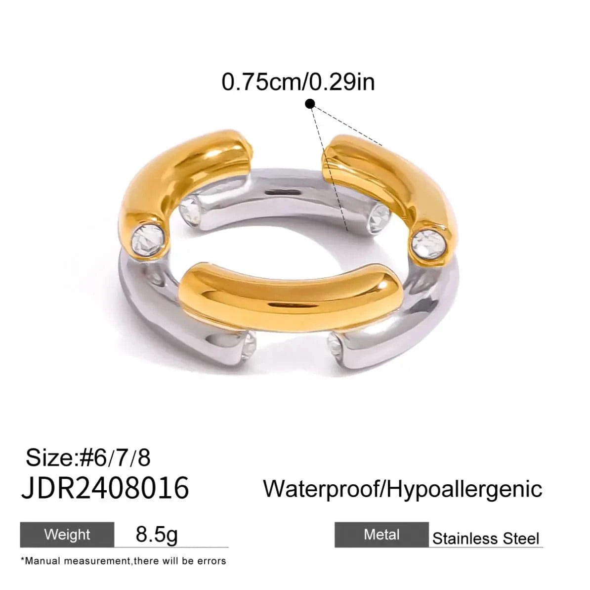 7 / R2424 R2424 18k Gold Stainless Steel Gold Silver Color Block Round Zirconia Elegant Chic Design Fashion Ring For Daily Wearing