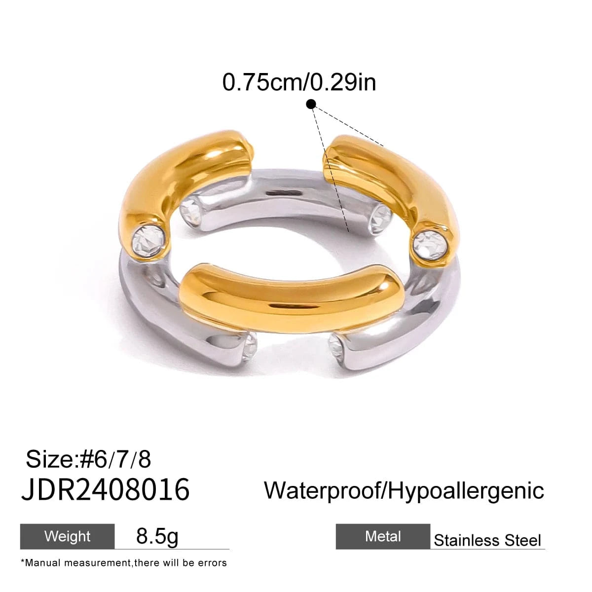 7 / R2424 R2424 18k Gold Stainless Steel Gold Silver Color Block Round Zirconia Elegant Chic Design Fashion Ring For Daily Wearing