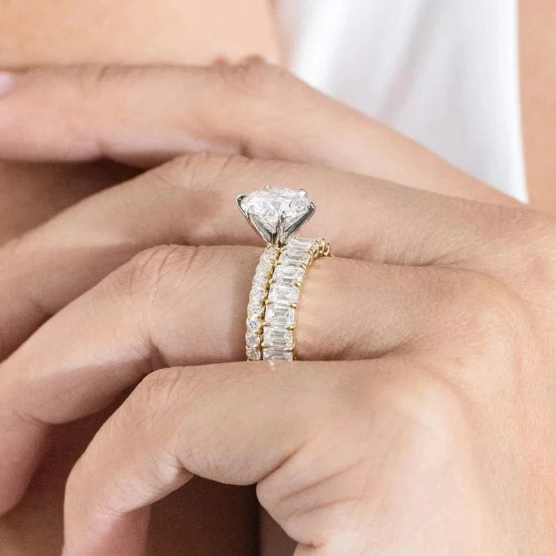 7 / Ring+emerald band Classic six prongs 2-tone real 18K gold 3ct round mossanite diamond wedding rings set moissanite jewelry