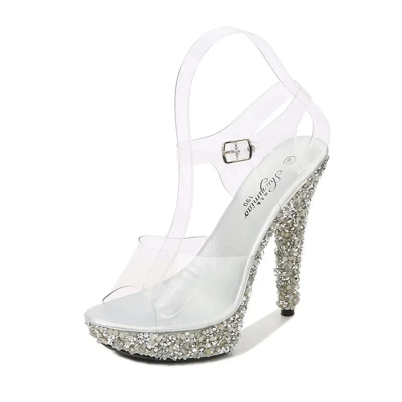 7 / silver The latest pole dance high heels transparent Diamond Crystal 13 cm sandals platform leaky toe shallow mouth summer sandals