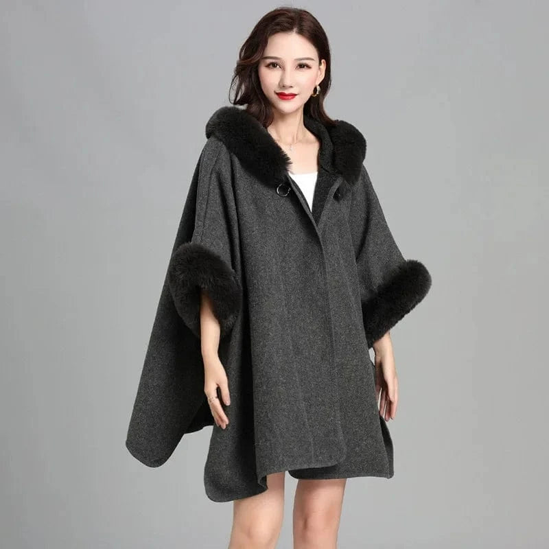 7 Square Lazy Rabbit Fur Collar Hooded Cape Cloaked Woman Cardigan Mid Length Coat Warm Shawl Poncho Women