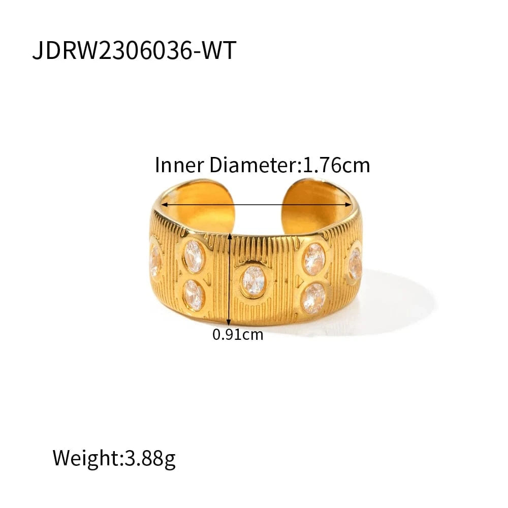 7 / Trendy / R1892-1 R1892 Waterproof 18K Gold Plated Stainless Steel Clear Pink Cubic Zirconia Texture Wide Finger Ring for Women