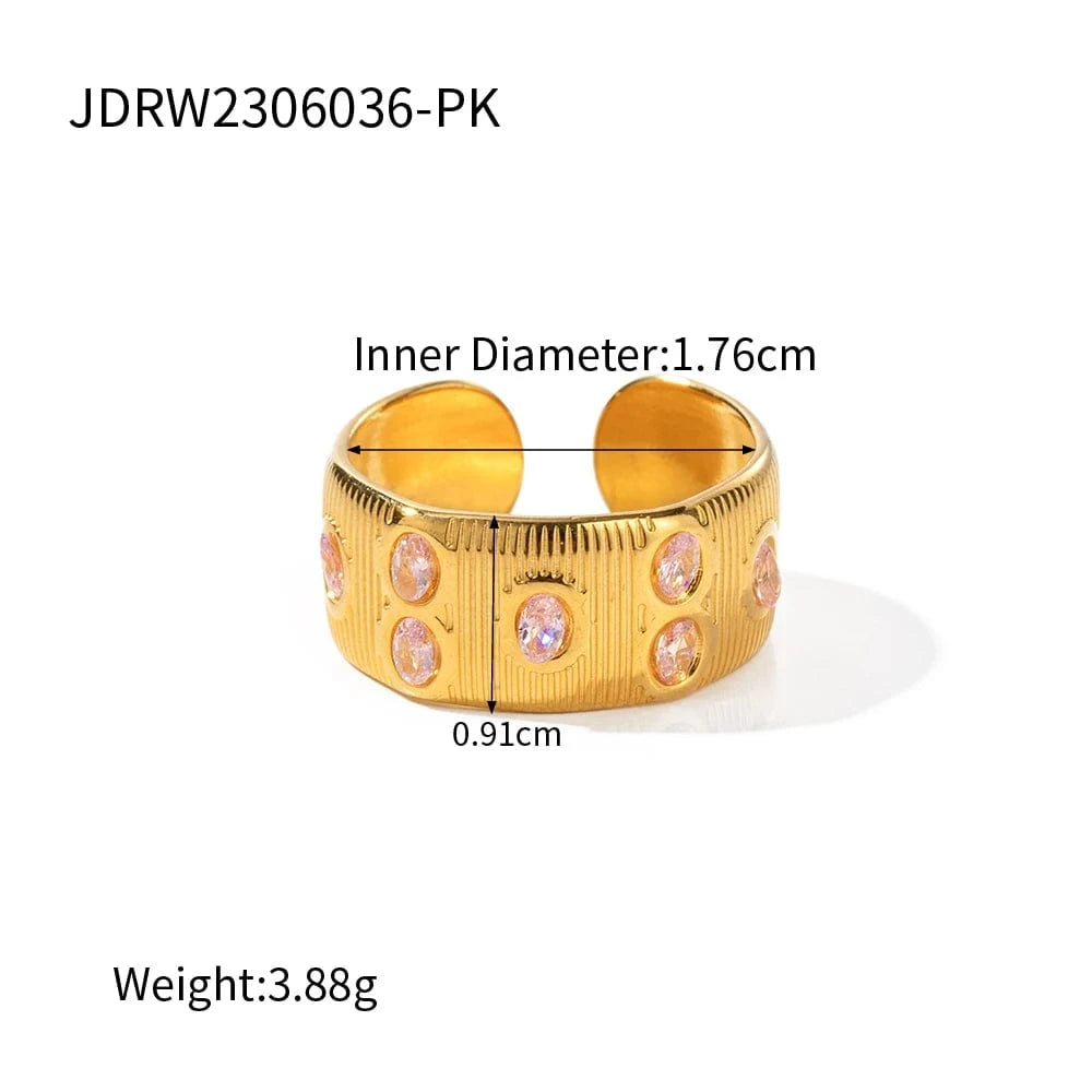 7 / Trendy / R1892-2 R1892 Waterproof 18K Gold Plated Stainless Steel Clear Pink Cubic Zirconia Texture Wide Finger Ring for Women