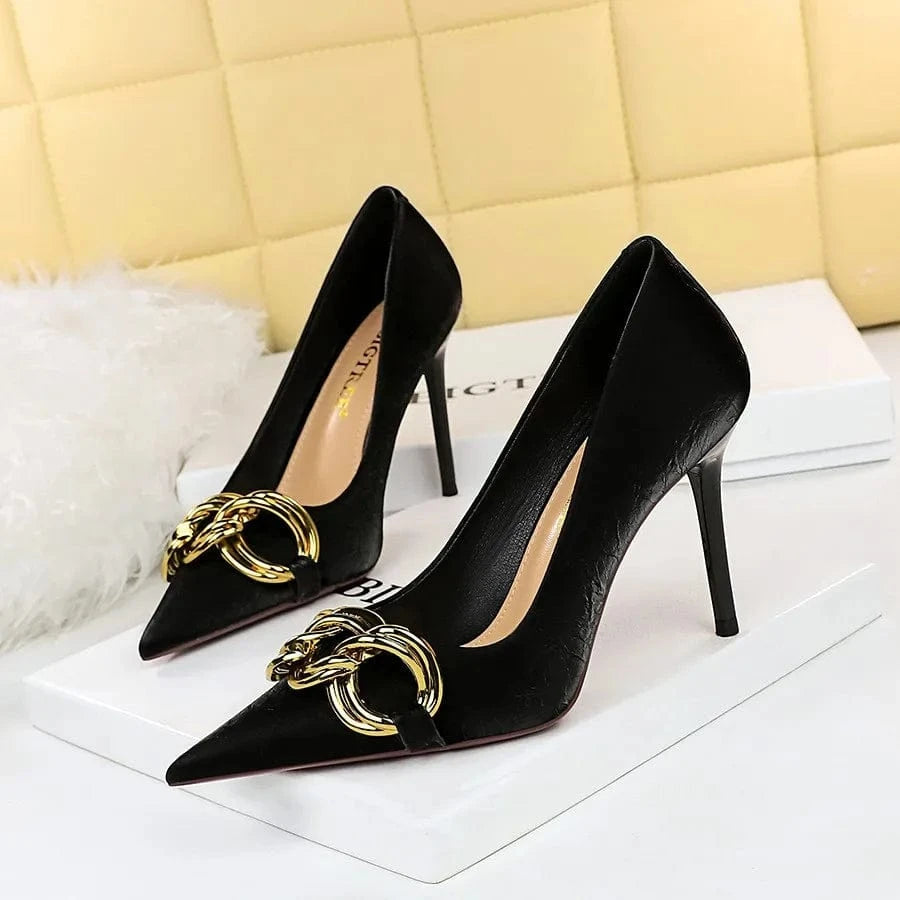 7239-1 High Quality Trendy Sexy 9.5CM Super High Heels Shoes For Women Slip-On Golden Buckle Luxury Nude Heels For Ladies