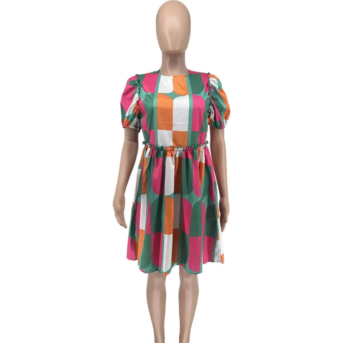 77586 Women New Design Ruffled Dress Birthday Party Mini Dresses Puff Sleeve Printed Plus Size Pleated Dress