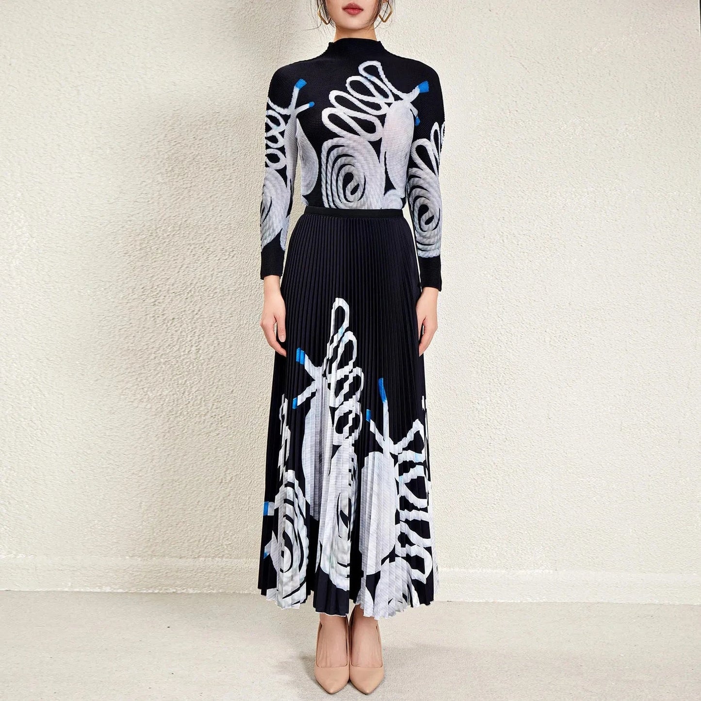78cm / Black 2024 Miyake Pleated Skirt Two-piece Set Fashionable Long-sleeved Women's Elegant Print Accept Customized Women's Two-piece Set