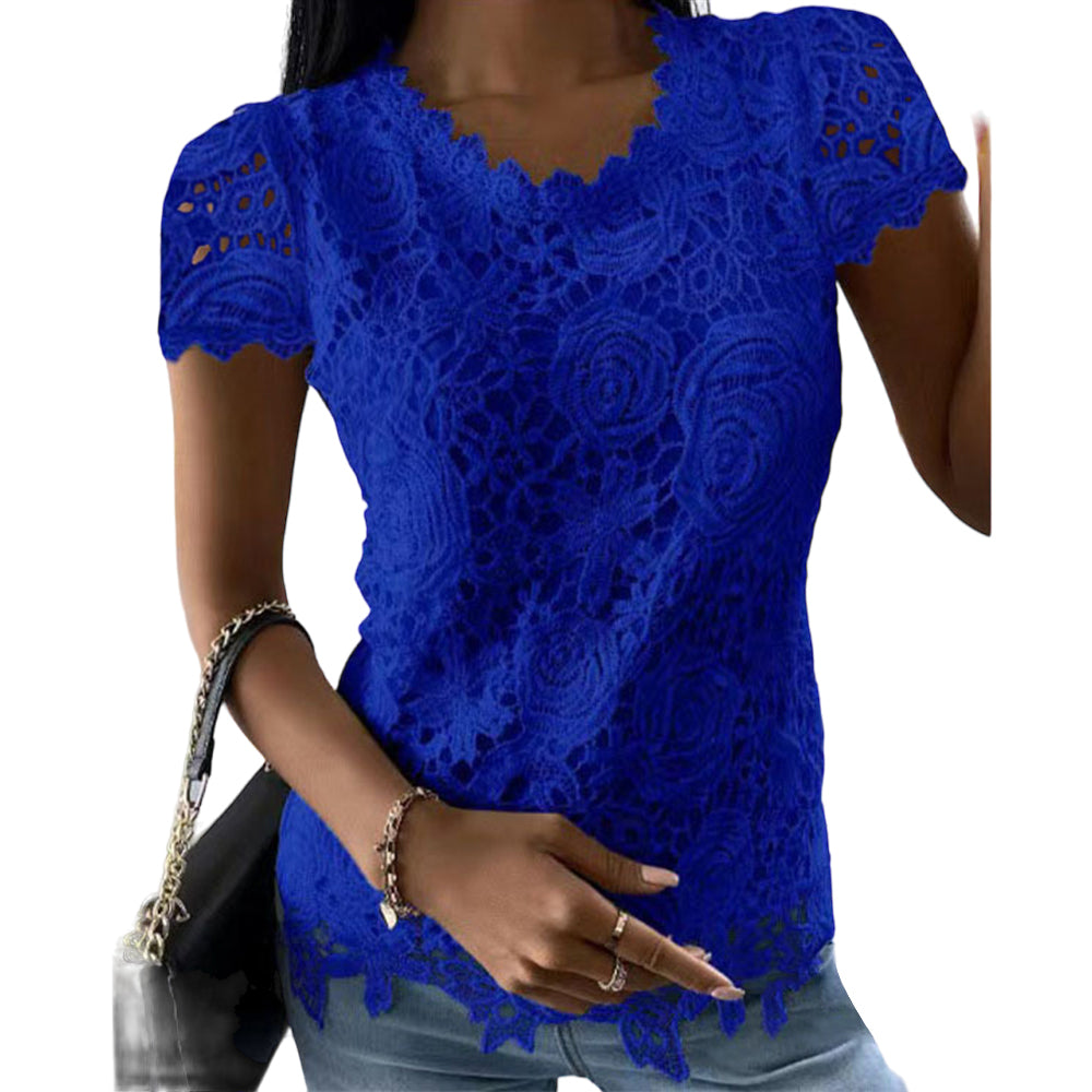 Womens Lace Round Neck Tops T-Shirts Ladies Summer Casual Short Sleeve Blouse Pullover Fashion Clothing For