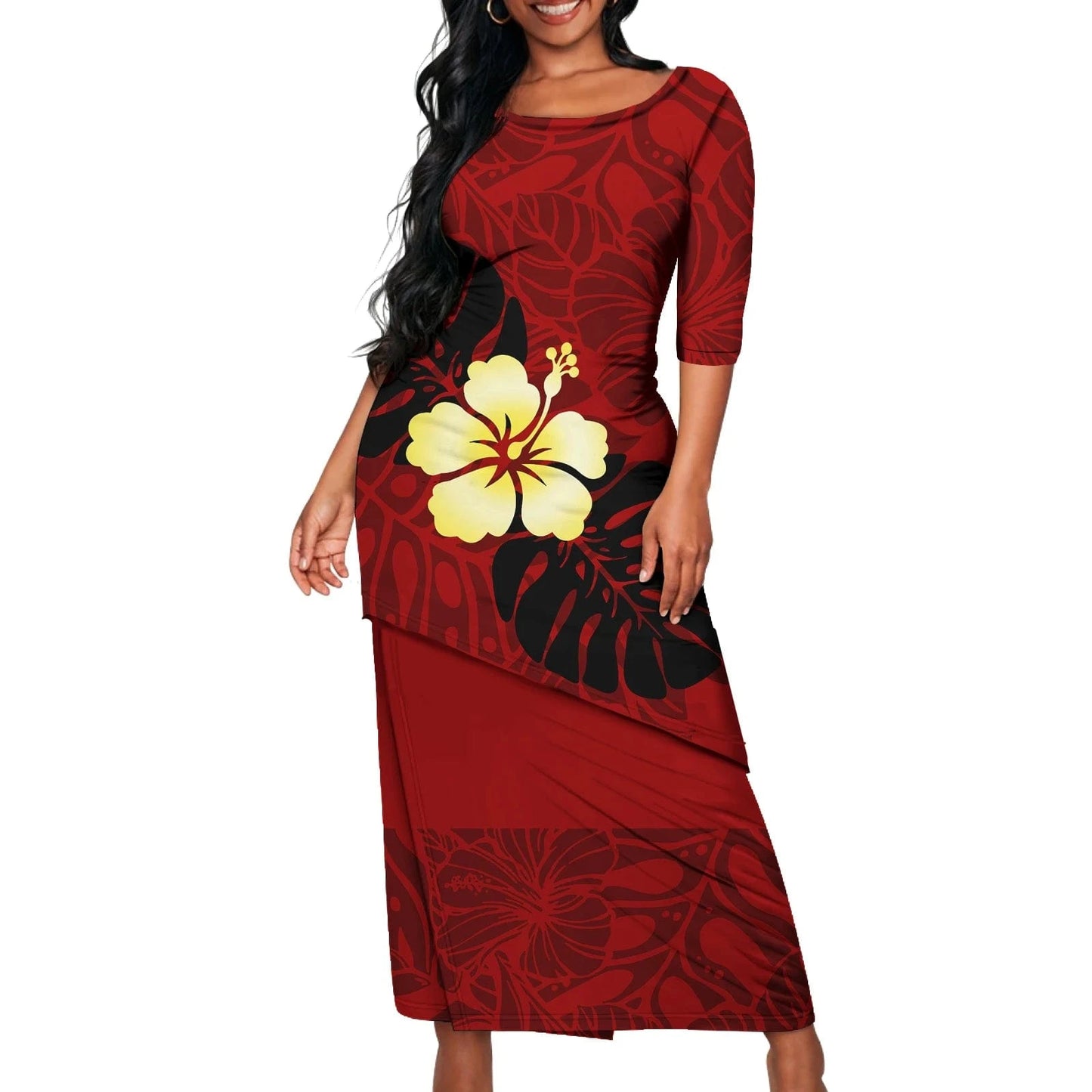 7XL / 0956L-2983 Polynesian Tribal Samoan Print Custom Ladies Elegant Women's Dress Asia & Pacific Islands Clothing Samoa Puletasi Sets