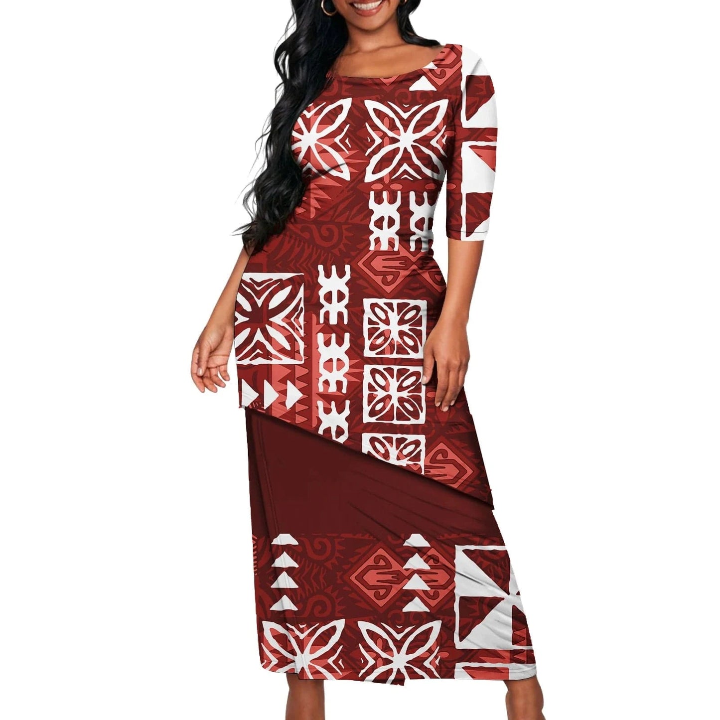 7XL / 0972L-2983 Polynesian Tribal Samoan Print Custom Ladies Elegant Women's Dress Asia & Pacific Islands Clothing Samoa Puletasi Sets