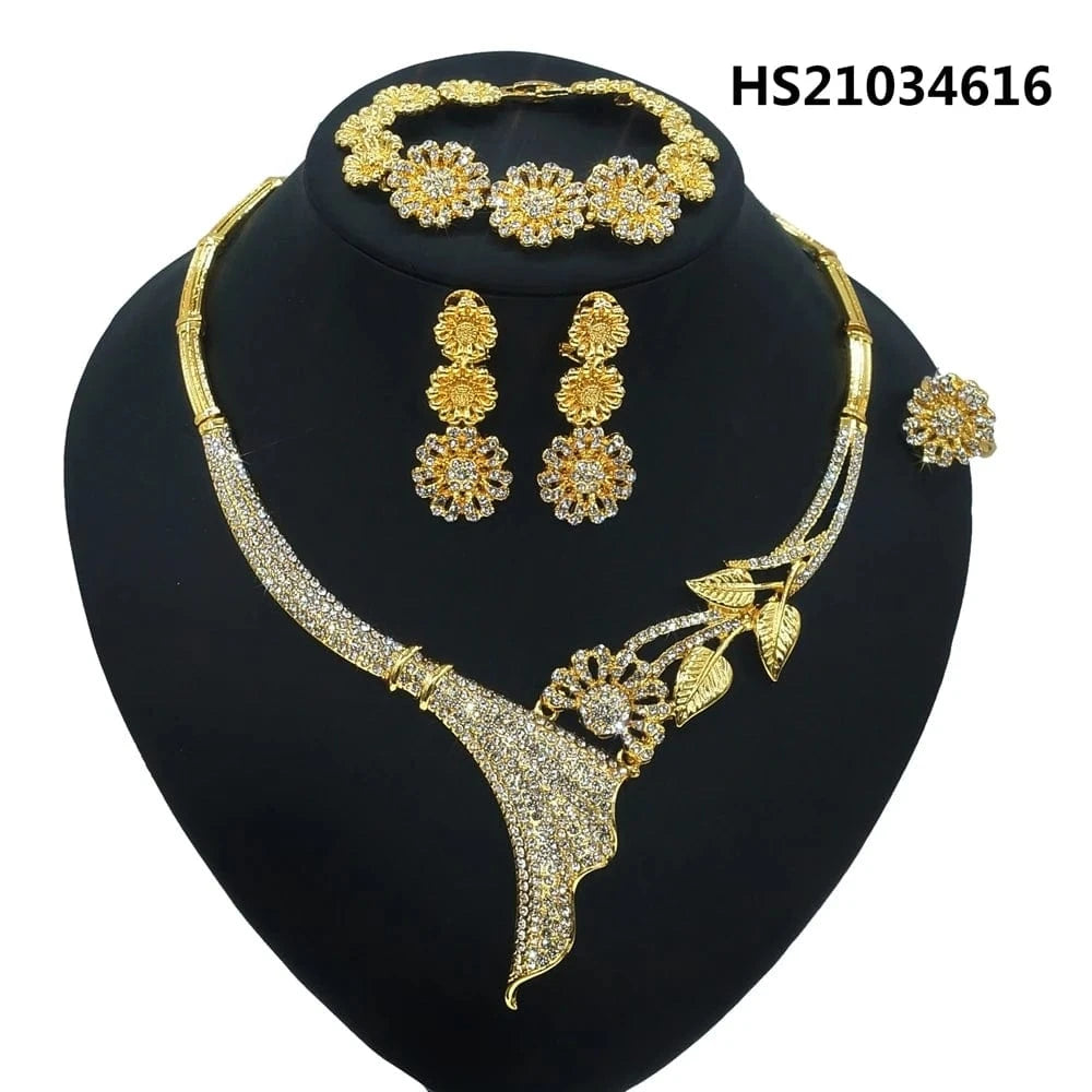 8 / 12 New Fashion Latest Ring Bracelet Gold Plated Exquisite Flower Leaf Necklace Canadian Easter Women Favorite Zircon Jewelry Set