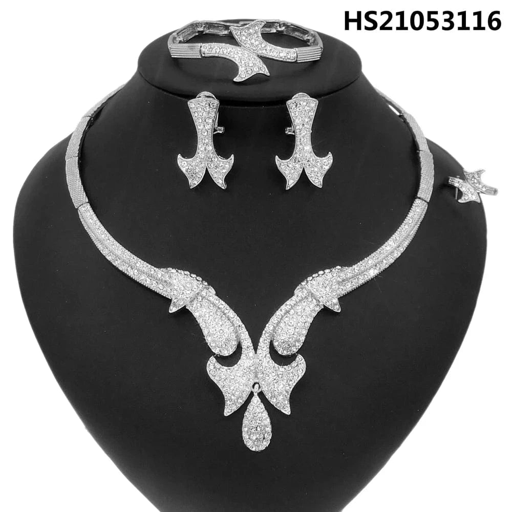8 / 14 New Fashion Latest Ring Bracelet Gold Plated Exquisite Flower Leaf Necklace Canadian Easter Women Favorite Zircon Jewelry Set