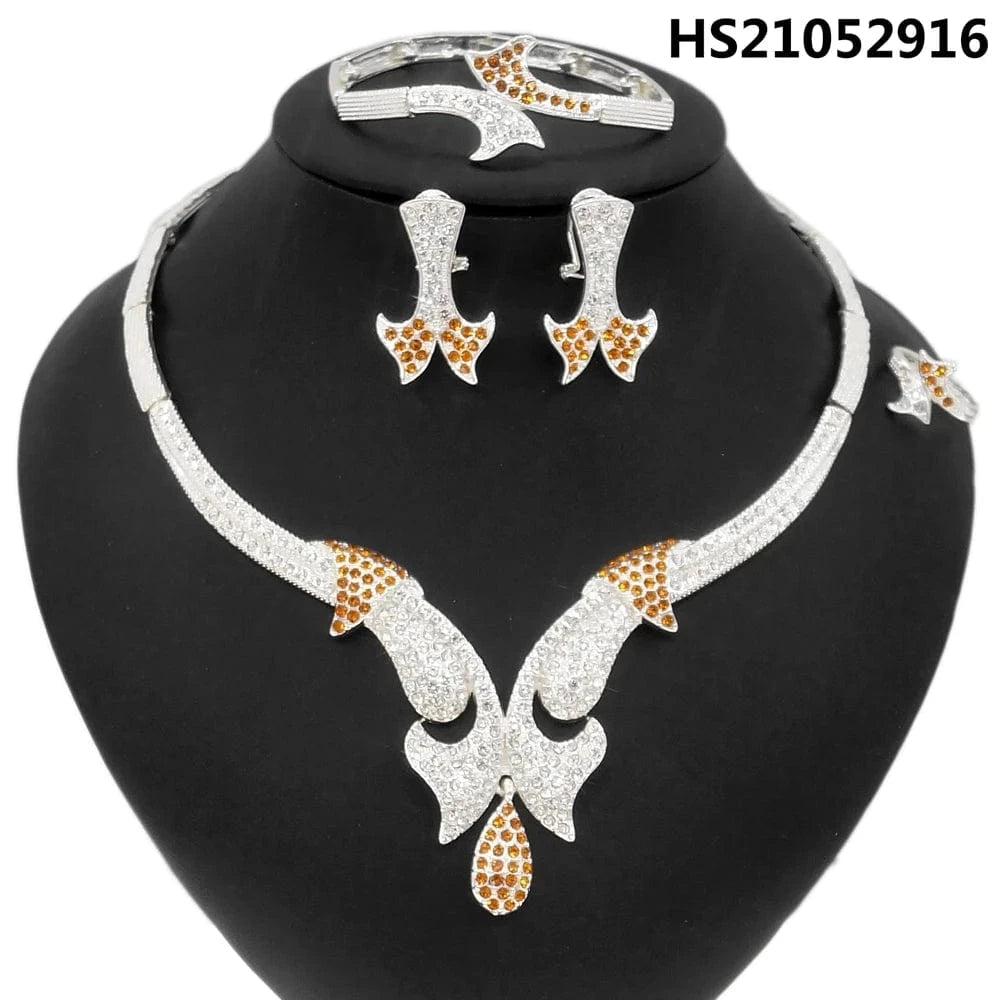 8 / 16 New Fashion Latest Ring Bracelet Gold Plated Exquisite Flower Leaf Necklace Canadian Easter Women Favorite Zircon Jewelry Set