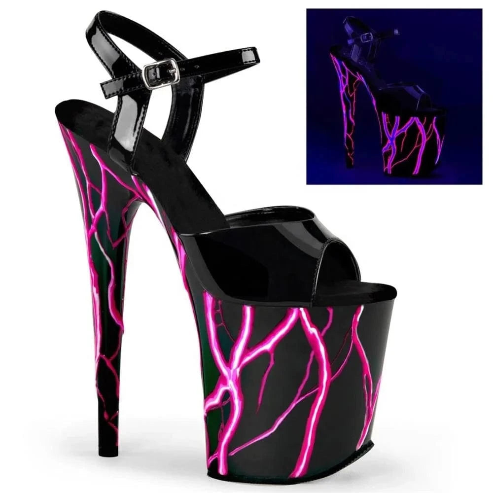 8"20cm sexy Heeled Sandals black patent leather sky-high fluorescent lightning waterproof platform dance heels sandals slippers