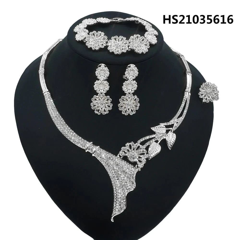 8 / 4 New Fashion Latest Ring Bracelet Gold Plated Exquisite Flower Leaf Necklace Canadian Easter Women Favorite Zircon Jewelry Set